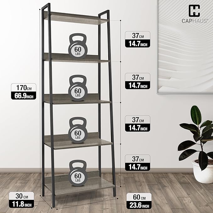 CAPHAUS 5 Tier Ladder Bookshelf, 24 Inch Width Free Standing Shelf, Bookcase Shelf Storage Rack Organizer, Industrial Book Shelves for Home Office, Living Room, Kitchen, Dark Grey, Vintage Shelves-NeatNest