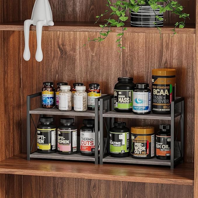 Giikin Countertop Shelf Organizer, 2 Tier Kitchen Spice Rack Organizer for Countertop, Wood Coffee Counter Shelf Organizer for Home (Grey, S)-NeatNest