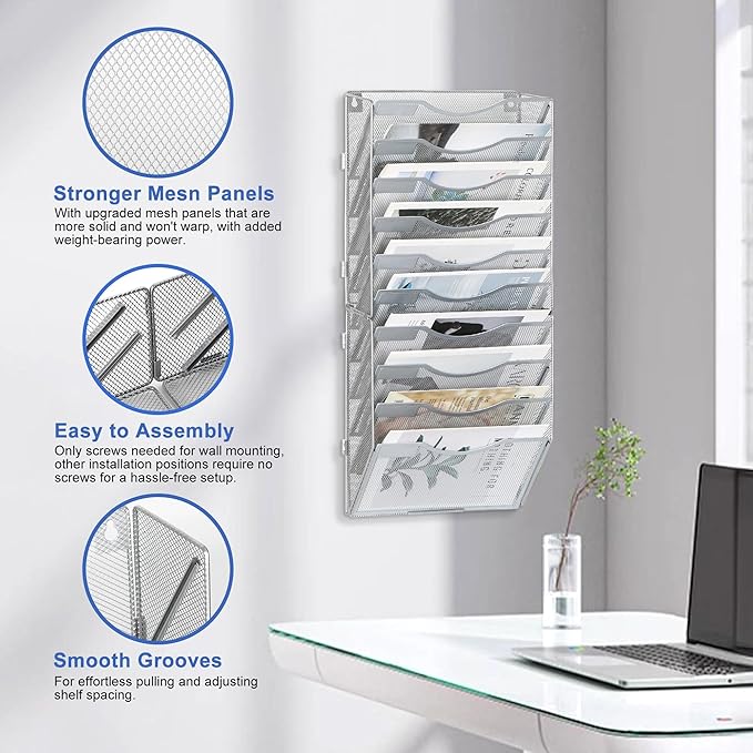 EasyPAG 10 Pocket Wall File Organizer, Silver | Metal Mesh Wall Mounted File Holder | Assembly Hanging Mail Organizer | Replaceable Classify Labels | Office Home Letter Size Paper Storage