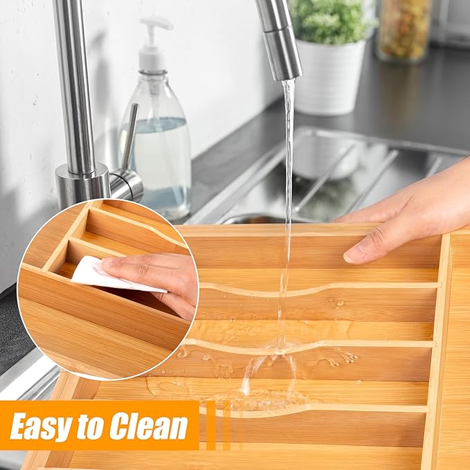 Bellsal Large Premium Bamboo Silverware Organizer - Expandable Utensil Drawer Organizer - 17"x19.6" Utensil Holder and Cutlery Tray with Grooved for Kitchen Flatware and Utensils Mother's Day Gift-NeatNest
