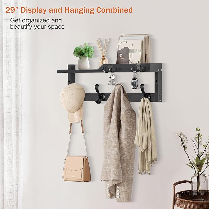 Coat Rack Wall Mount with Shelf, Coat Hanger Wall Mount with Key Hooks and Mail Holder, Wood Entryway Floating Shelf with Hooks and Storage, Hat Rack for Wall Key Holder Mail Organizer-NeatNest