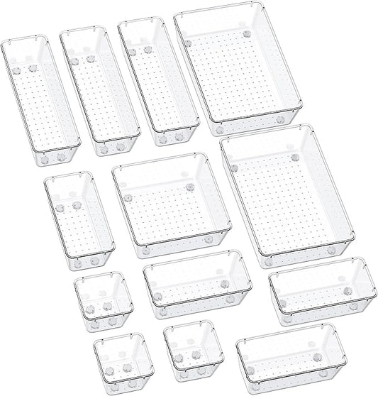 SMARTAKE 13-Piece Drawer Organizers with Non-Slip Silicone Pads, 5-Size Desk Bathroom Drawer Organizer Trays Storage Tray for Makeup, Jewelries, Utensils in Bedroom Dresser, Office and Kitchen, Clear-NeatNest