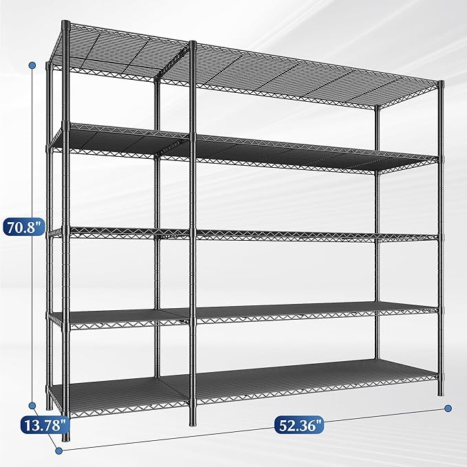 52.36" W Storage Shelves Metal Shelving Unit Load 1400LBS 5 Tier Wire Shelf for Storage Adjustable Garage Shelving Heavy Duty Shelves for Pantry Kitchen Garage, 52.36W x13.78Dx70.8H-NeatNest