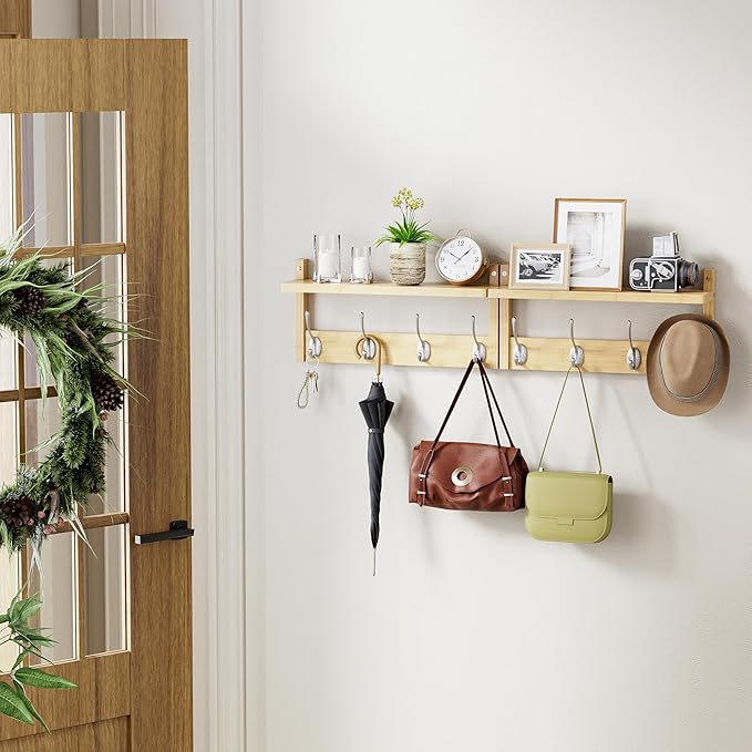 Coat Rack with Shelf, 2 Pack Bamboo Wall-Mounted Coat Hanger with 8 Hooks for Entryway, Hallway, Kitchen, Bathroom, Living Room, Utility Room (Natural)-NeatNest