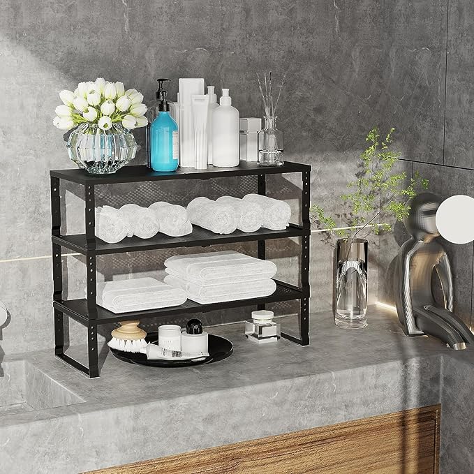 Expandable Cabinet Shelf Organizer Storage Spice Rack Shelves for Kitchen Stackable Adjustable Pantry Cupboard Bathroom Countertop Desktop(2Packs/Black/Large-with Hole)-NeatNest