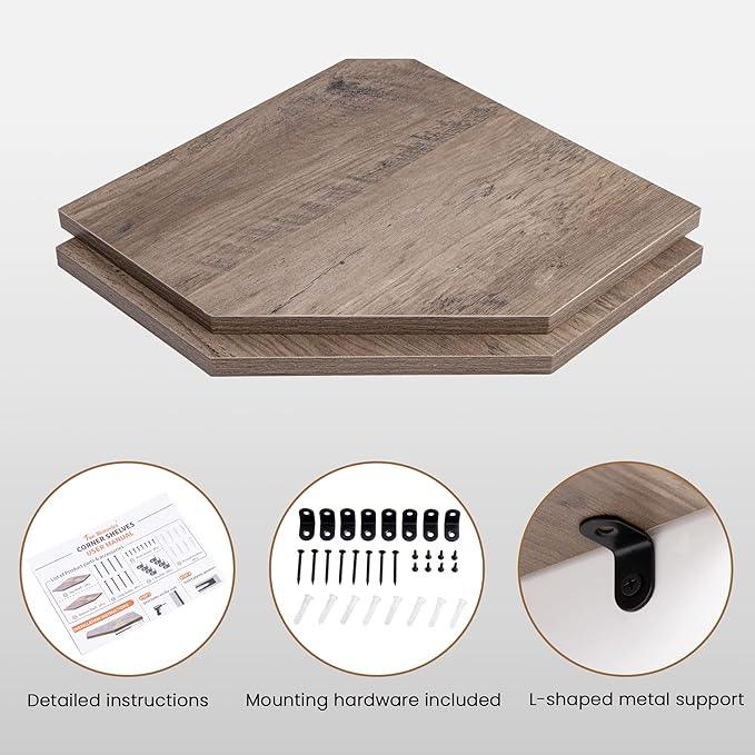 Corner Shelf Wall Mount, Floating Corner Shelves, Set of 2 Corner Wall Shelf Organizer, Rustic Wood Wall Storage Display Shelves for Living Room Bedroom Bathroom Kitchen, Rustic Grey-NeatNest