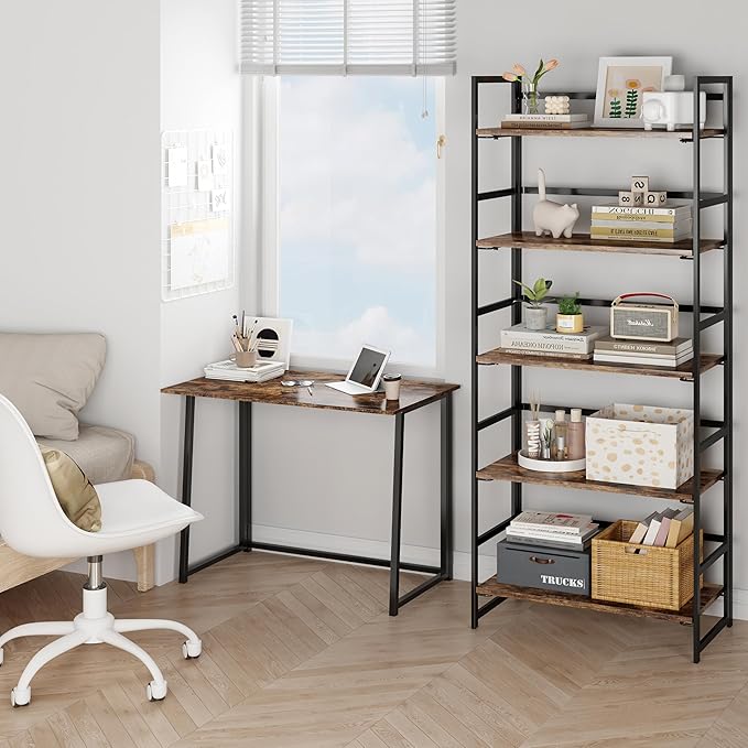 BHG Vintage Multifunctional Folding Bookshelf, No-Assembly Plant Stand Storage Rack Shelves for Home Office (Fire, 5-Tier)-NeatNest