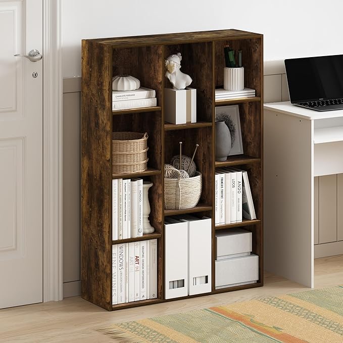 Furinno Luder 11-Cube Open Shelf Bookcase, Bookshelf, Amber Pine-NeatNest