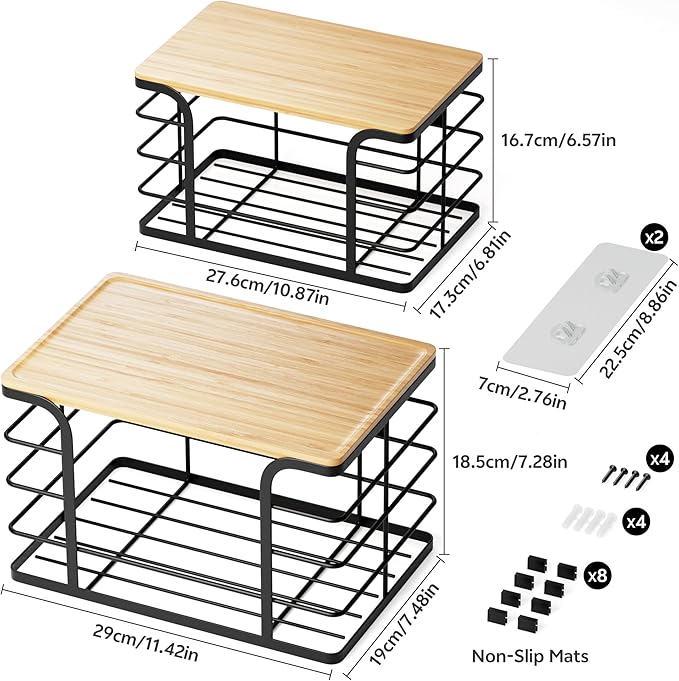 2 Pack Extra Large Stackable Pantry Organizers and Storage,Wall Mount Trash Bag Holder Dispenser with Bamboo Top for Kitchen Laundry Room Organization,Black-NeatNest