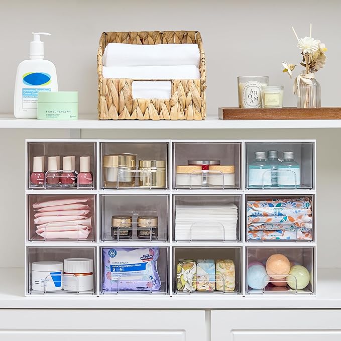 Vtopmart 4Pack Stackable Storage Drawer, 4.4'' Tall Bathroom Makeup Organizer,Plastic Storage Bins For Vanity, Undersink, Kitchen Cabinets, Pantry, Home Organization(White)-NeatNest