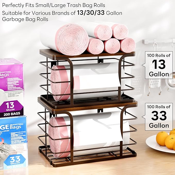 2 Pack Extra Large Pantry Baskets with Bamboo Top,Stainless Steel Trash Bag Dispenser for Kitchen Sink and Laundry Room Organization,Brown-NeatNest