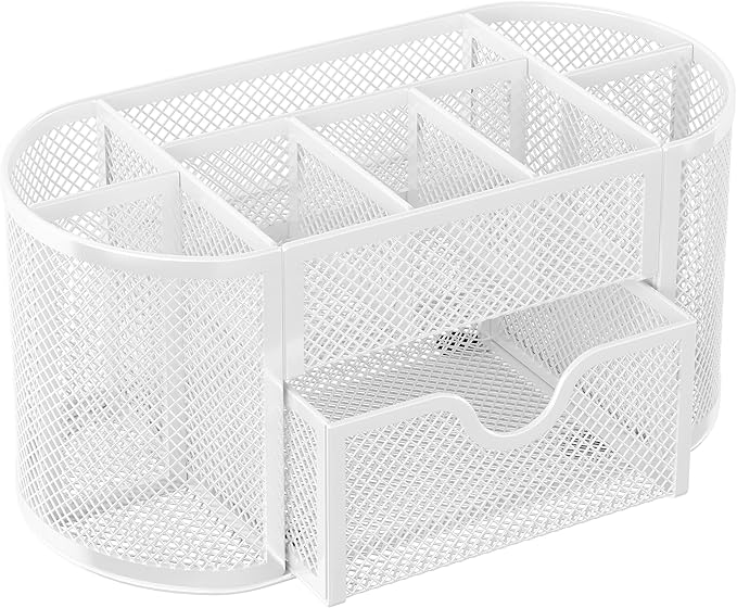 EasyPAG Mesh Desk Organizer, Multi-functional Stationery Organizer for School Supplies, Office Pen Holder for Desk, 9 Compartments Dorm Organization with Drawer, White