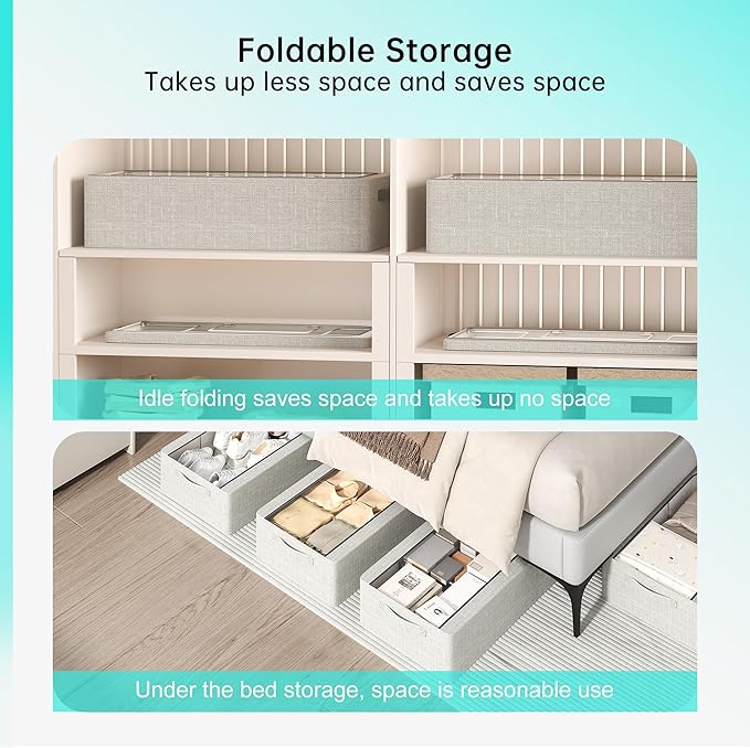 3PCS Under Bed Storage Bins with Metal Frame, Linen Fabric Frame Storage Box Clothes Organizer Bins, Underbed Container with Clear Window (Light Grey, 23.6 x 13 x 6IN)-NeatNest