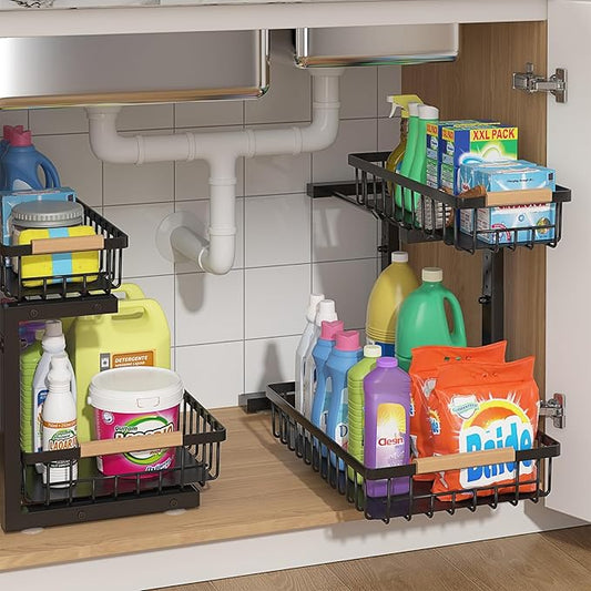 ADRIMER Under Sink Organizer 2 Packs, Pull Out Kitchen Sink Organizer, 2 Tier Slide Out Kitchen Organizers and Storage Bathroom Under Cabinet Storage Shelf, Black-NeatNest