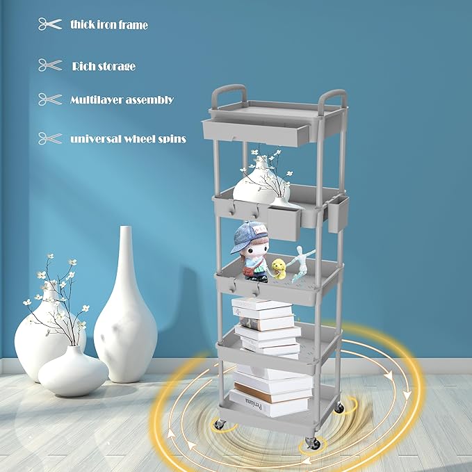 5 Tier Rolling Utility Cart with Drawer,REBECAT Utility Cart Made of Multifunctional Storage Organizer Tool for Kitchen,Bathroom,Living Room,Office(Gray)-NeatNest