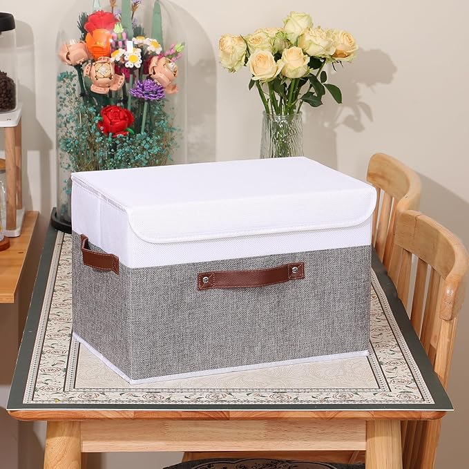 ANMINY Storage Boxes with Lids Washable Decorative Storage Bins Basket with PU Leather Handle Foldable Linen Fabric Storage Cubes Containers for Home Closet Organizer - Gray White, Large Size-NeatNest