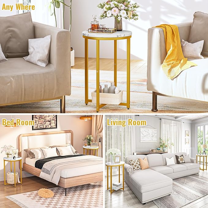 DKLGG Modern Gold Side Table Set of 2, Small Coffee Table Round End Table with Gold Frame, Faux Marble Side Table Bedside Table for Living Room, Bedroom, Small Space, 16" D*24" H
