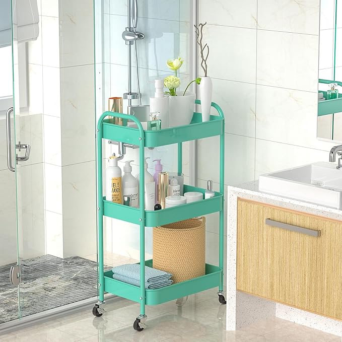 3-Tier Rolling Metal Storage Cart with Wheels, Multi-Functional Organizer for Office, Kitchen, Bathroom, Books Diapers - Easy Assembly (Blue)-NeatNest