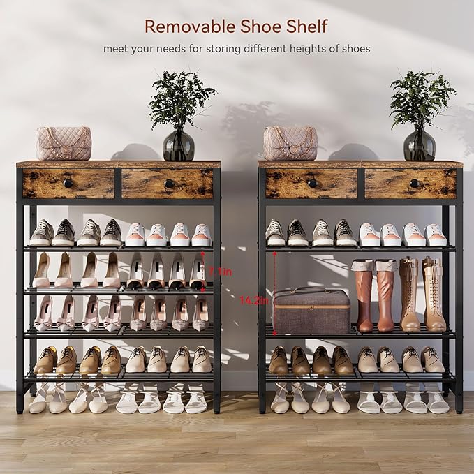 IBUYKE 5 Tier Shoe Rack, Metal Shoe Storage Organizer for 12-16 Pairs of Shoes, Modern Shoe Stand with 2 Drawers,Metal Shelf for Entryway Closet Bedroom, Rustic Brown TXJ041H-NeatNest