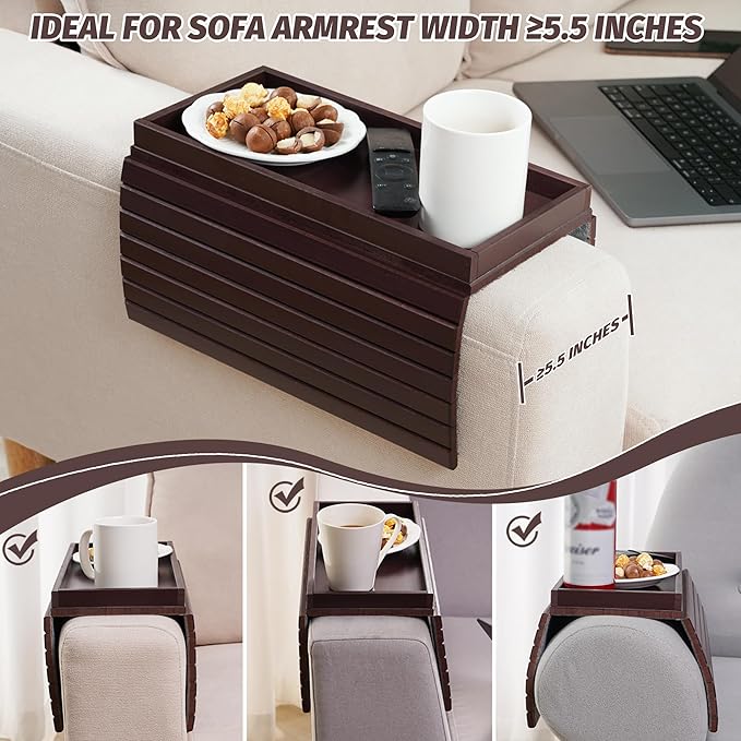 GEHE Bamboo Sofa Arm Tray, Foldable Couch Arm Tray Side Table, Anti-Falling Armrest Tables Cup Holder for Snacks, Drinks, Beers, Phone, Control, Flexible and Portable, Anti-Slip Bottom-NeatNest