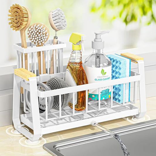 Doasuwish Kitchen Sink Caddy with High Brush Holder,Self-Draining kitchen Countertop Organizer,Rustproof 304 Stainless Steel,Non-Slip Stability High Storage Sponge Holder for Kitchen Sink White-NeatNest