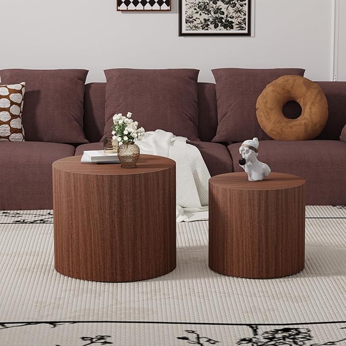 Round Nesting Coffee Table Set of 2 Circle Nested Coffee Tables Modern Walnut Coffee Table Set of 2 Wooden Drum End Side Tables for Living Room Bedroom Small Spaces (Walnut)