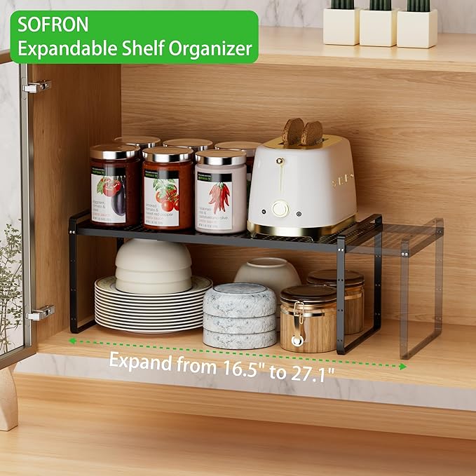 Expandable Cabinet Storage Shelf Stackable Organizer Rack for Kitchen Bathroom Pantry Spice Cupboard Coffee Countertop Home Office Desk Heavy Duty Nonslip Black Large 2 Packs-NeatNest