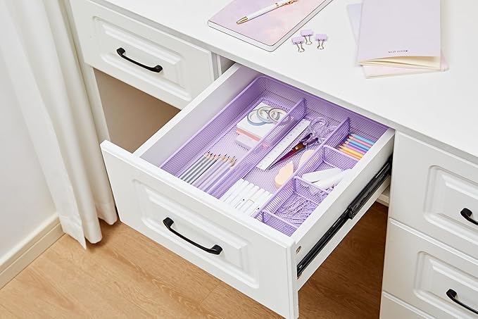 Annova Desk Top Organizer/Storage Tray - Metal Mesh with Dividers for Pens, Desktop Accessories, Bathroom, Kitchen, Makeup and Office Supplies (Large, Light Purple)-NeatNest