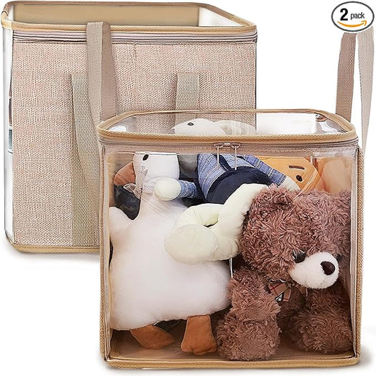 holay 2 Pack Storage Bins PVC Boxes with Transparent Lid & Handles - Durable & Foldable - Multi-Purpose Organizer for Clothes, Books, and More (Brown, Large)-NeatNest