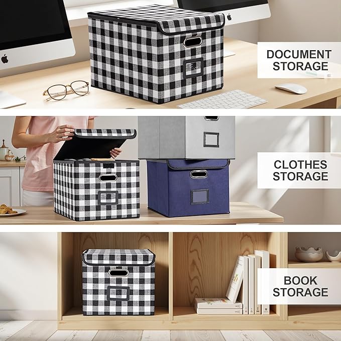 File Organizer Box, Linen Filing Organizer with Lid, Large Desktop File Boxes, Black and White Lattice,2 Pack