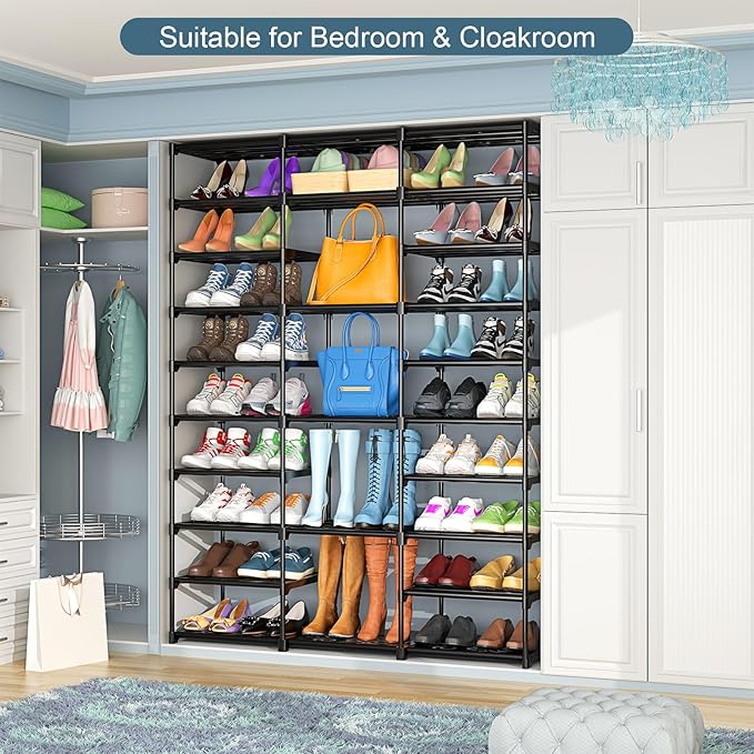 Kottwca 3 Row 10 Tier Large Shoe Rack Organizer for Closet Entryway, 60-65 Pair Shoe Boot Storage Rack, Metal Shoe Shelf Tall Vertical Stackable Shoe Stand for Bedroom Corner-NeatNest