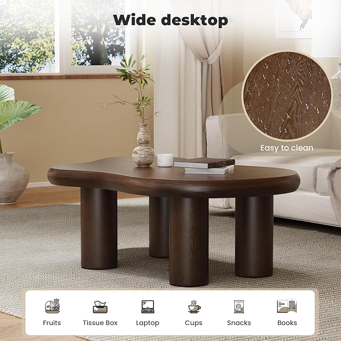 Cloud Coffee Table 46" Dark Brown Wood Coffee Table with 4 Sturdy Legs Mid-Century Modern Center Table Tea Table for Living Room Bedroom Office (Clouds Brown)-NeatNest