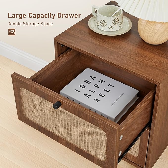 Set of 2 Night Stand with 2 Drawers, Mid Century Modern Nightstands with Nature Linen Panel, Wood Bedside Table Rustic End Table Side Tables for Small Space, Dorm, Bedroom (Walnut)(Walnut)