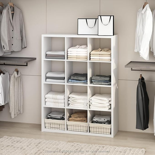 Furinno Cubic Open Back Multipurpose Clothing & Closet Storage Organizer Shelf, 12-Cube, White
