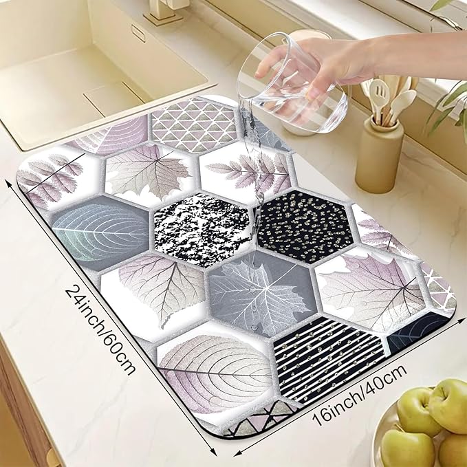 Hexagonal Printed Marble Dish Drying Mats Super Absorbent Dish Drainer Rack Pad Non-Slip Drying Mat for Kitchen Counter, 24"x16"