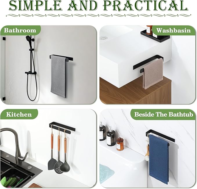 Alise Hand Towel Holder Self Adhesive Towel Bar Towel Hanger for Bathroom Wall,SUS304 Stainless Steel Towel Rack Towel Ring for Kitchen Cabinet Glass Door Wash Basin Side,Matte Black,No Drilling