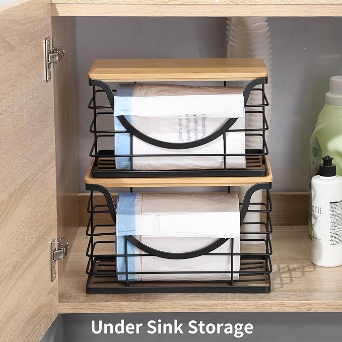 Extra Large Trash Bag Holder Under Sink 2 Pack Stackable Kitchen Storage with Bamboo Lid, Garbage Bag Dispenser Roll Holder, Pantry Organizers Wall Mounted Laundry Room Organization Storage-NeatNest