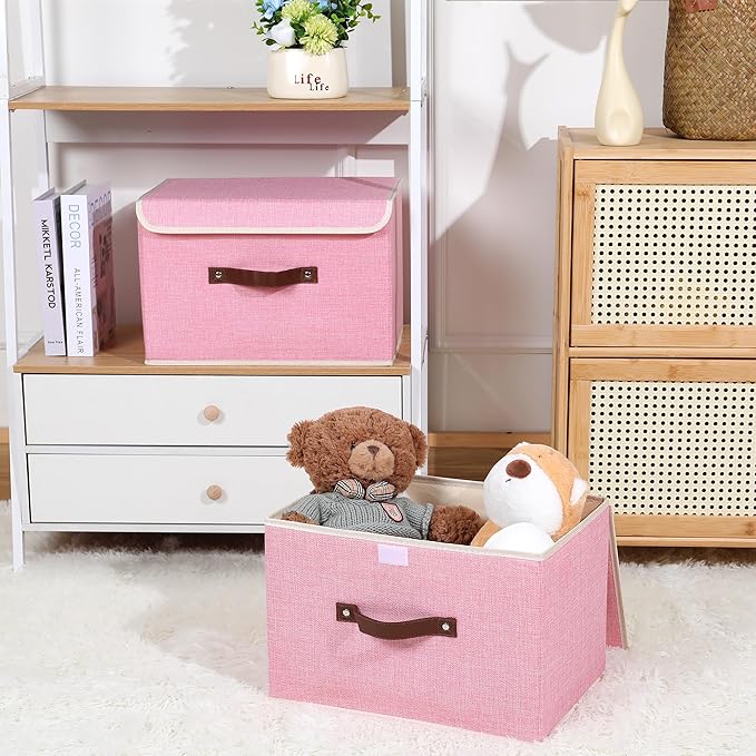 ANMINY 4PCS Storage Bins with Lid PU Leather Handles Storage Boxes PP Plastic Board Decorative Foldable Lidded Cotton Linen Fabric Home Cubes Baskets Closet Organizer Containers - Pink, Large Size-NeatNest