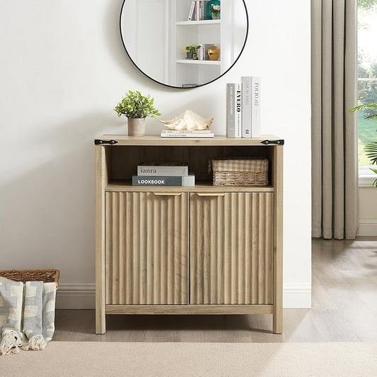 32 Inch Fluted Sideboard Buffet Cabinet with Storage, Modern Farmhouse Accent Credenza with Adjustable Shelves, Coffee Wine Bar Organizer for Kitchen, Living Room (Sunwashed Ash Oak)