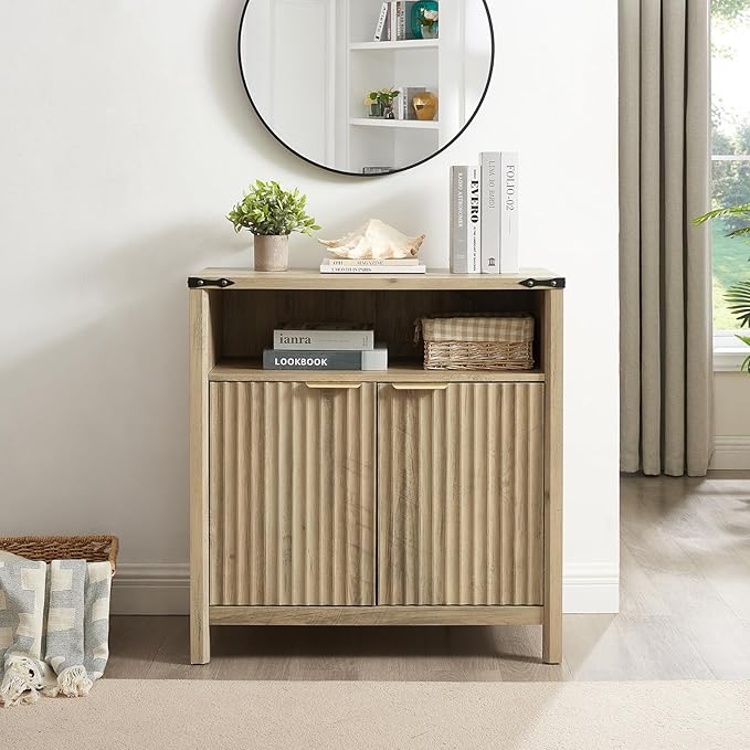 32 Inch Fluted Sideboard Buffet Cabinet with Storage, Modern Farmhouse Accent Credenza with Adjustable Shelves, Coffee Wine Bar for Kitchen, Living Room (Sunwashed Ash Oak, Set of 2)