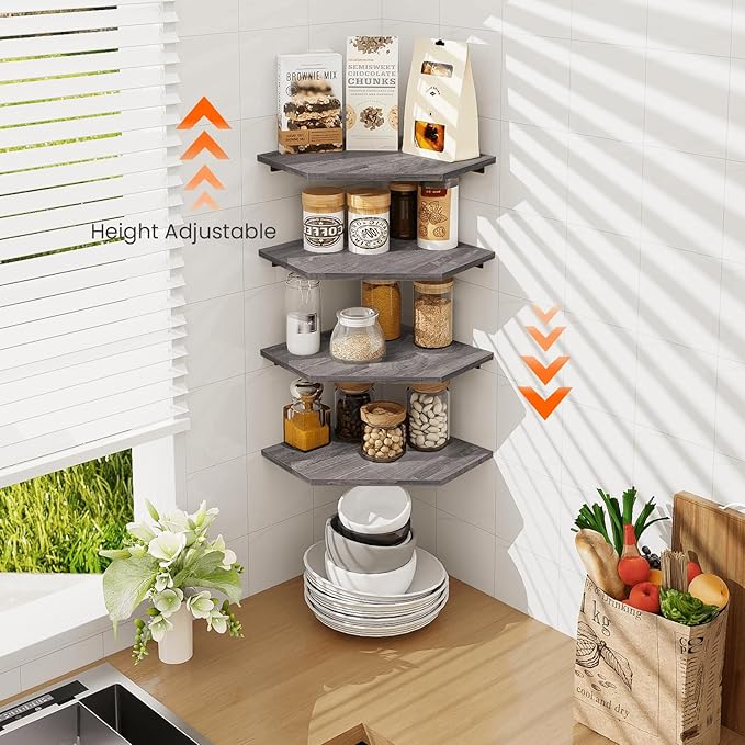Homode Corner Shelf Wall Mount, Set of 4 Corner Floating Shelves with Cord Hole, Wall Shelf Organizer, Wood Hanging Storage Shelving for Bathroom Bedroom Kitchen, Rustic Grey-NeatNest