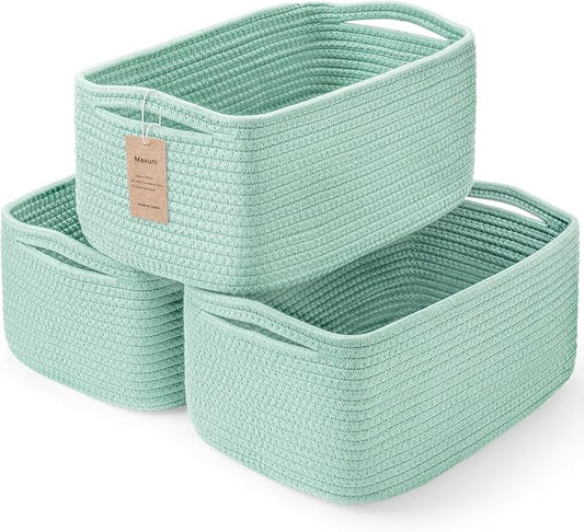3-Pack Storage Baskets for Organizing | Woven Shelf Toy Basket | Rope Baskets for Gifts Empty | Closet Organizer Bins with Handles | Cube Decorative Box | 13.7×7.1×6.7” | Light Green-NeatNest