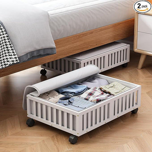 Bamboo Under Bed Storage Containers with Wheels, 2 Pack Under the Bed Shoe Storage Bins, Wood Rolling Underbed Drawers Organizer for Bedroom, Closet, Clothes Blanket Comforter and Under Crib Toy White-NeatNest