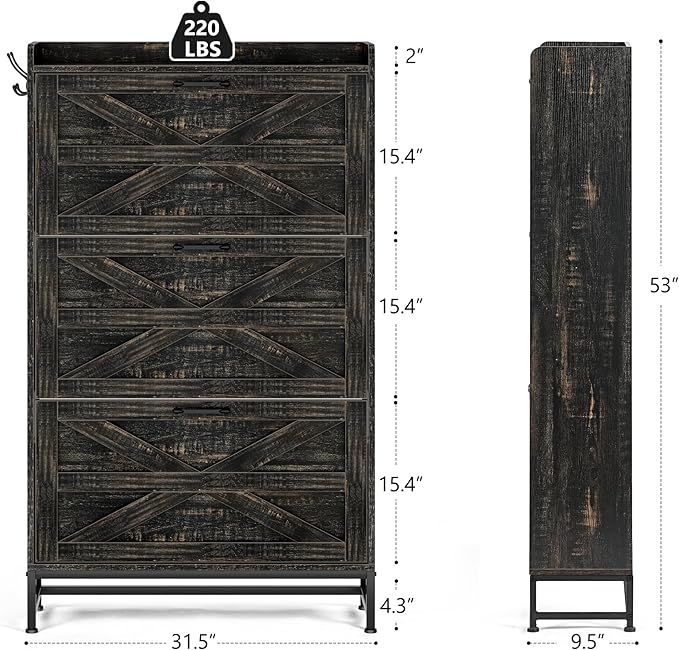 Vibe & Dine Farmhouse Shoe Storage Cabinet - Freestanding Narrow Shoe Rack with Metal Legs, Dark Rustic Oak-NeatNest