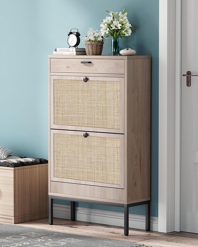 Brafab Shoe Storage Cabinet with Flip Drawers & Adjustable Shelves, Rectangular Rattan Doors - For Hallways and Entryways-NeatNest