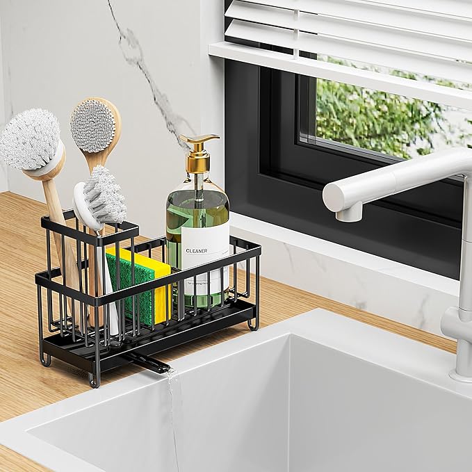 Cisily Black Sponge Holder for Kitchen Sink, Sink Caddy Organizer with High Brush Holder, Kitchen Countertop Organizers and Storage Essentials, Rustproof 304 Stainless Steel, Soap Dispenser Organize-NeatNest