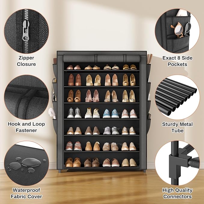 VTRIN Shoe Rack with Cover, 7 Tier Shoe Organizer Storage for 35-40 Pairs Shoes and Boots Large Capacity Tall Shoe Shelf with 8 Pockets Free Standing Shoe Rack for Closet, Entryway, Garage-NeatNest
