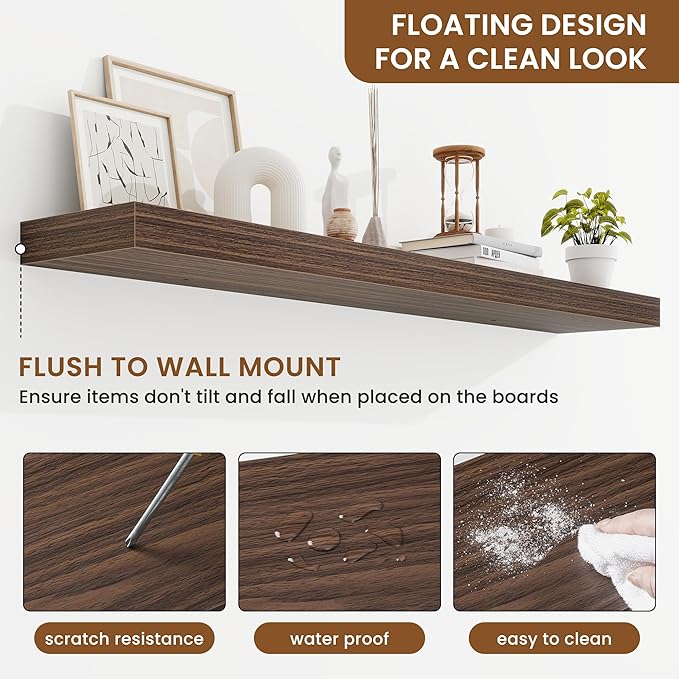 fuqing Floating Shelves for Wall, Bathroom Shelf Wall Mounted for Storage, Shelves with Invisible Bracket for Bedroom, Kitchen, Living Room, Farmhouse Small Book Shelf, 48 Inch Set of 2, Walnut-NeatNest