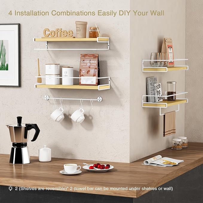 Forbena Floating Shelves for Wall with Rail, White and Natural Wood Nursery Book Shelves for Baby Girls Boys Kids Room Bedroom, Hanging Bookshelves Wall Mounted for Books, Toys, Bathroom (Set of 2)-NeatNest