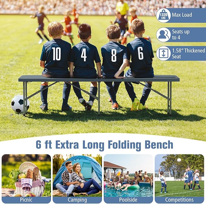 Goplus 6 Feet Plastic Folding Bench, 2 Pack Portable Foldable Bench Seat with 1320 LBS Capacity, HDPE Thickened Long Seat with Handle & Lock, for Outside Picnic Party Camping Dining Soccer Events-NeatNest